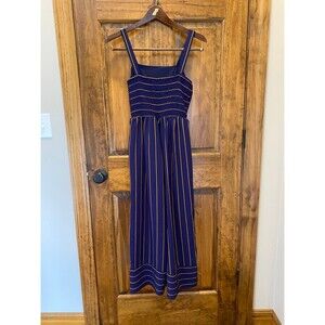 Japna Womens Jumpsuit Size Medium w/ Smocking on Top Back Navy w/ Stripes